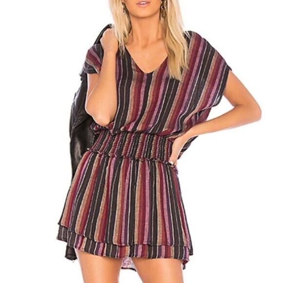 Rails Lucca Mini Dress Women's Sz S Linen Blend Striped Smocked V-Neck Coquette - Picture 1 of 16